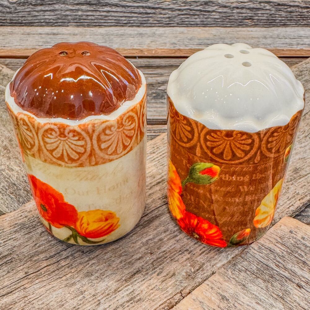 Retro Poppy Themed Ceramic Salt and Pepper Shaker Set, 3”H x 2”W - Picture 4 of 6